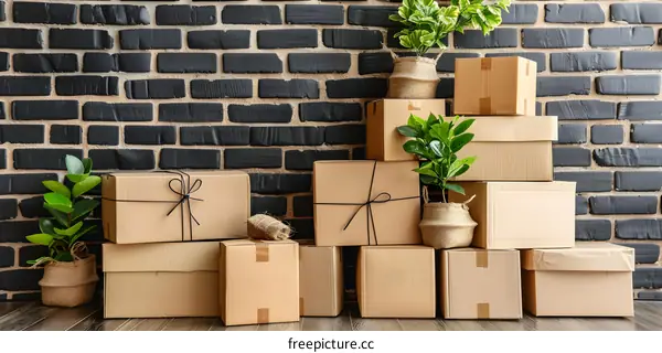 Stack of Cardboard Boxes in Front of Brick Wall