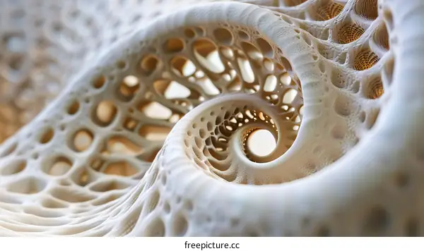 A 3D rendering of a porous structure with a spiral pattern