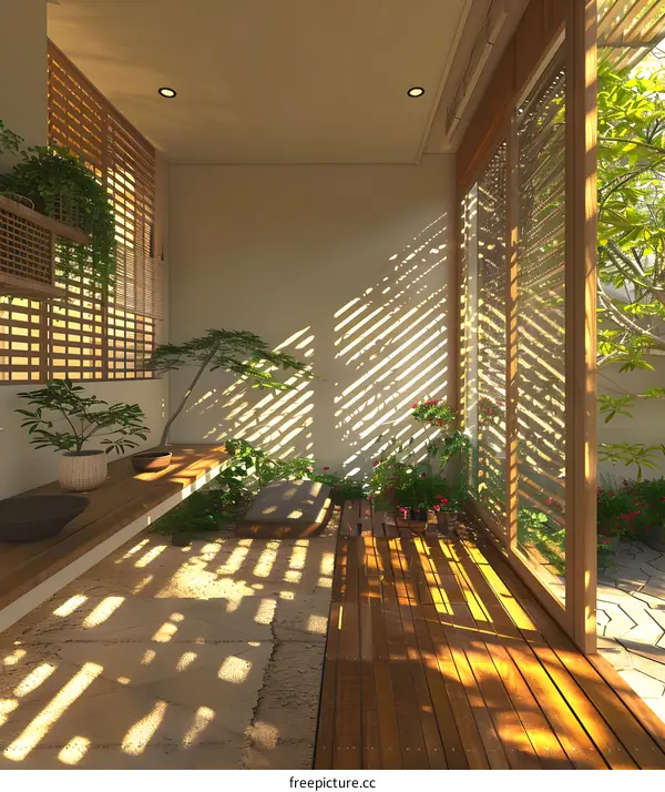 Minimalist Zen Garden Design with Wooden Deck and Light