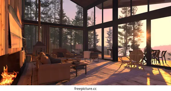 Modern Cabin Interior Design with Sunset View