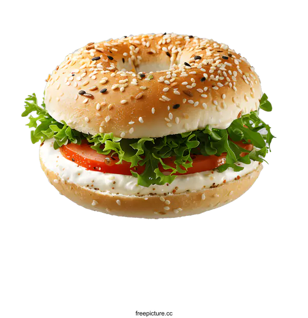 [Transparent Background PNG]A toasted sesame bagel with cream cheese, tomato and lettuce