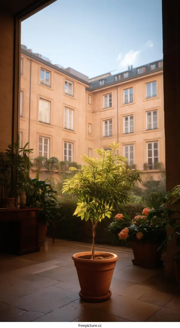 Indoor Courtyard Garden with a Small Tree