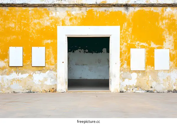 Old Yellow Building with Open Door and Blank Frames