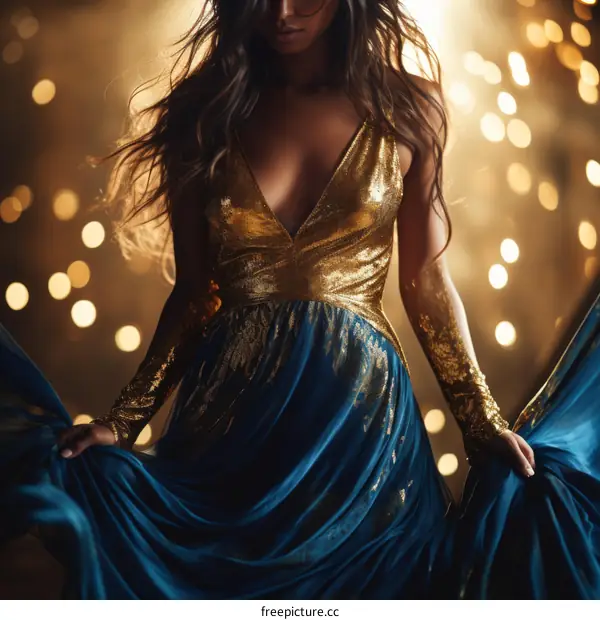 Elegant woman in a blue dress with golden elements