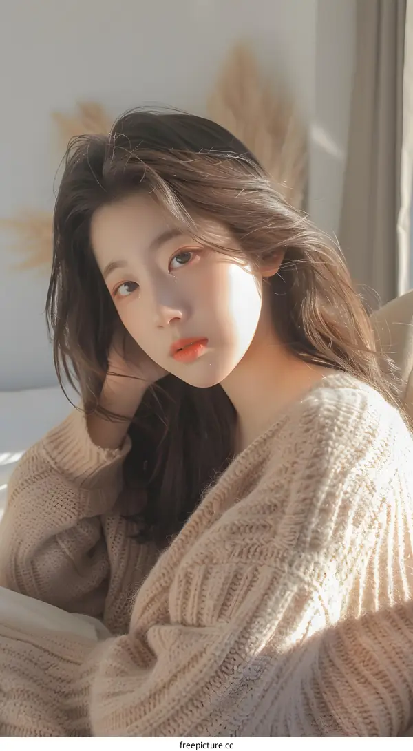 Beautiful Asian Woman with Long Hair Wearing a Knitted Sweater