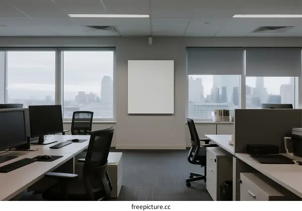 Modern office space with large windows and city view