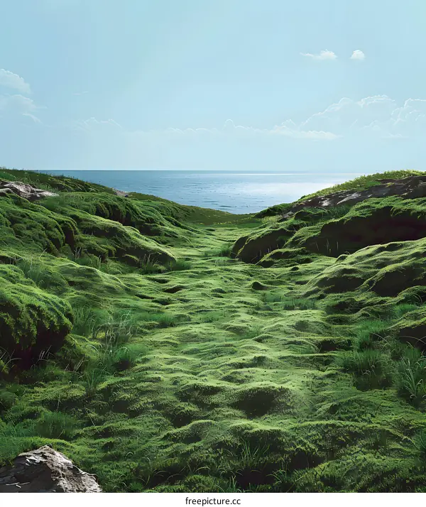 Green Mossy Field Leading to Ocean View