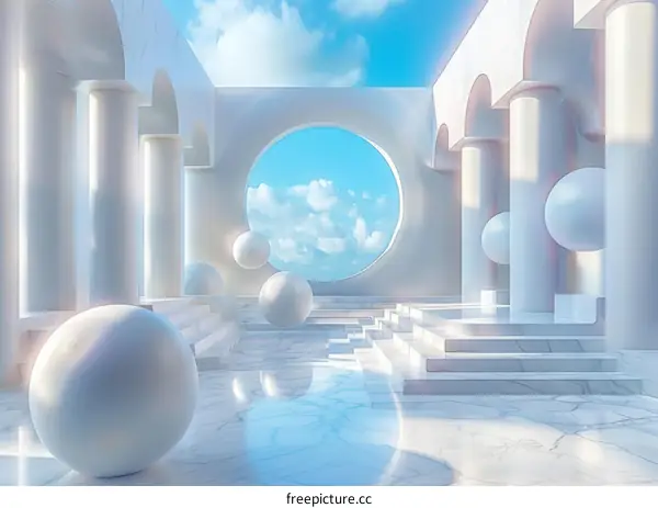 White Minimalist Architectural Render with Spheres and Sky View