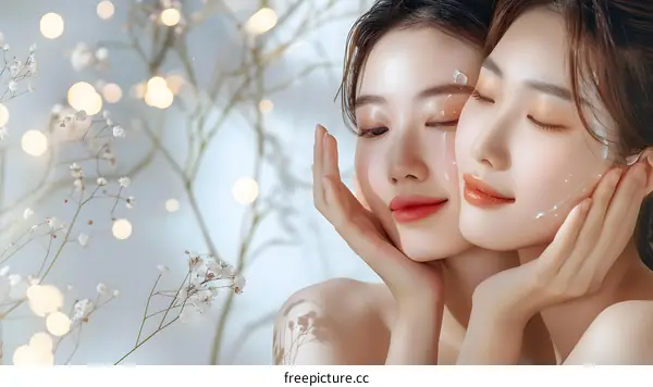 Two Asian Women with Close Up Face Portrait,  Soft Skin,  White Cream, and Flower Background