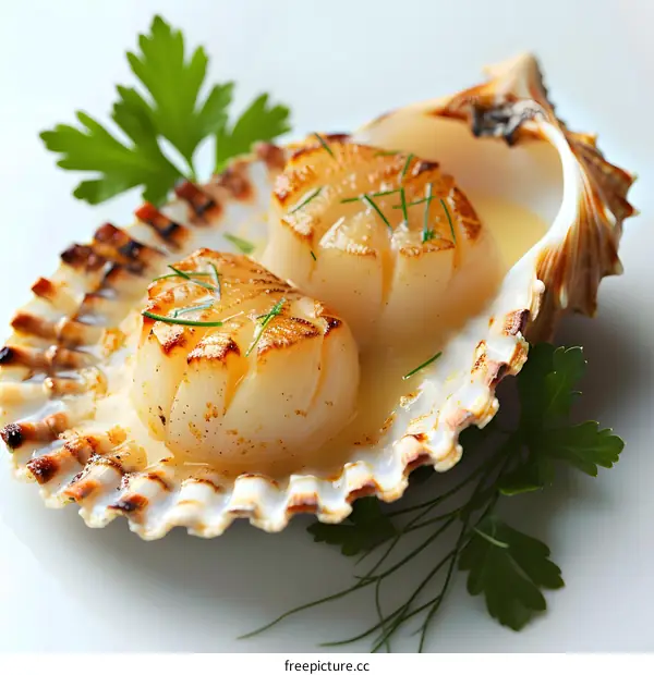 Two grilled scallops in a shell