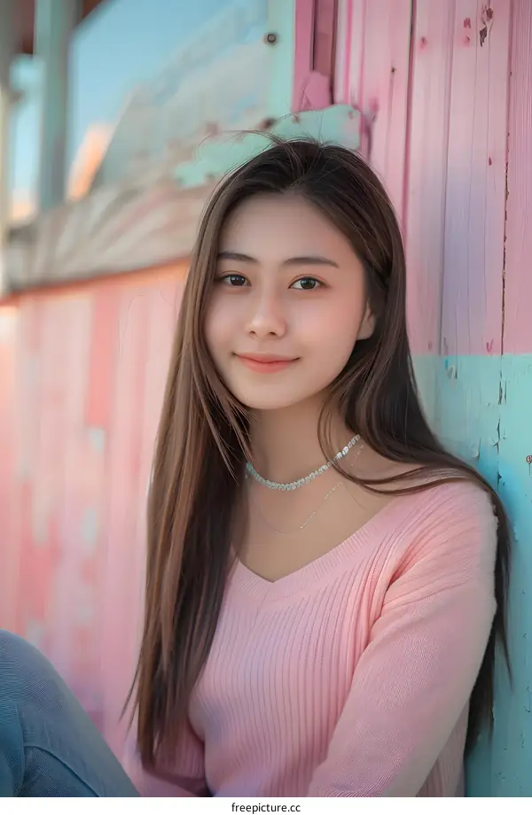 Smiling Asian Woman Wearing Pink Sweater and Jeans in Front of Colorful Wall