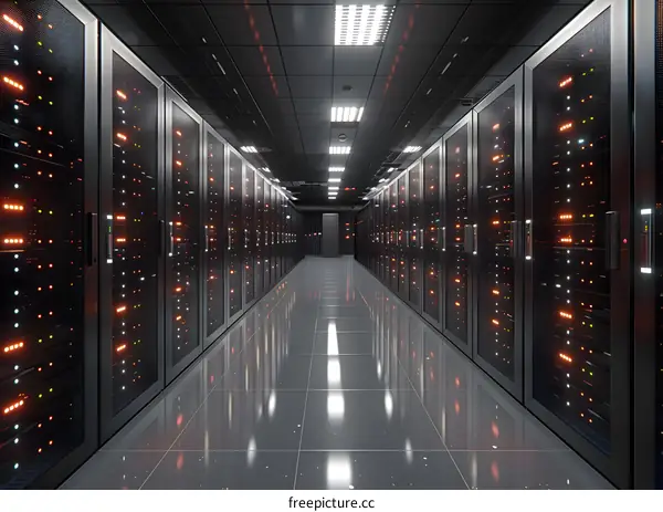 Futuristic technology data center with rows of server racks