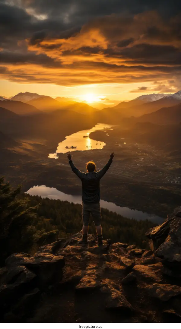man standing on a mountaintop with his arms raised in the air
