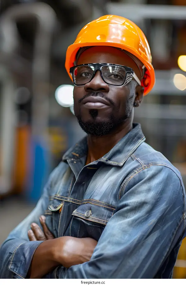 Portrait of a black male worker wearing a hard hat and safety glasses