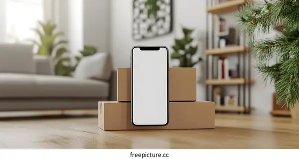 Smartphone Mockup with Cardboard Boxes and Christmas Tree