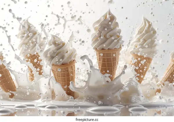 Vanilla ice cream cones with milk splash