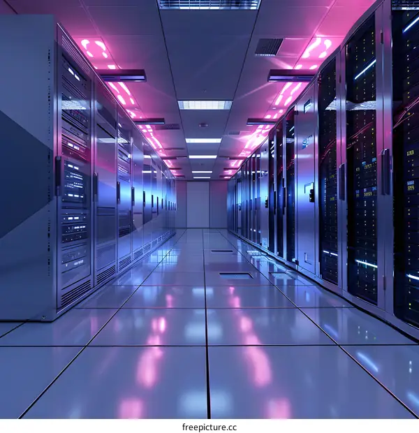 Server room with rows of server racks containing multiple servers.