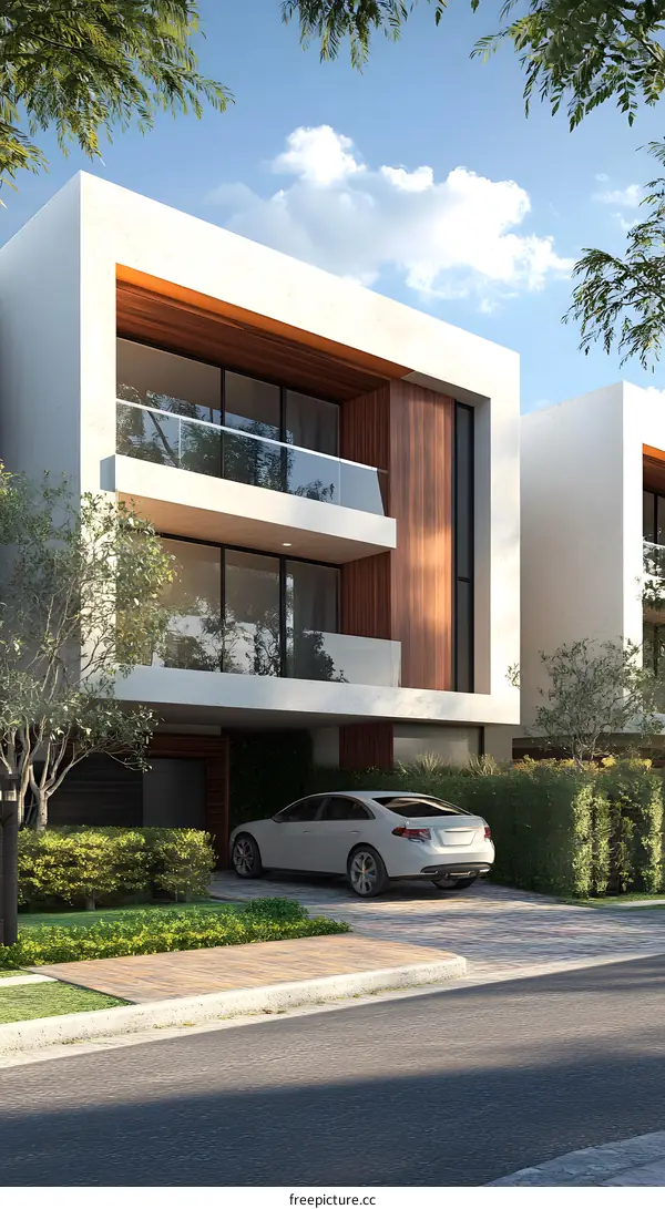 Modern House with Balcony and Car