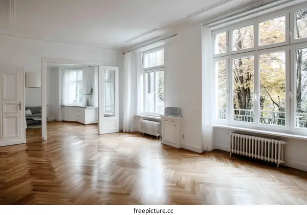 Spacious Modern European Style Living Room with Hardwood Flooring