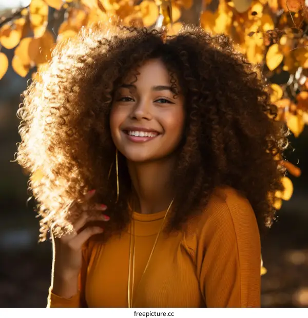 portrait of a beautiful young woman with curly hair smiling in a park