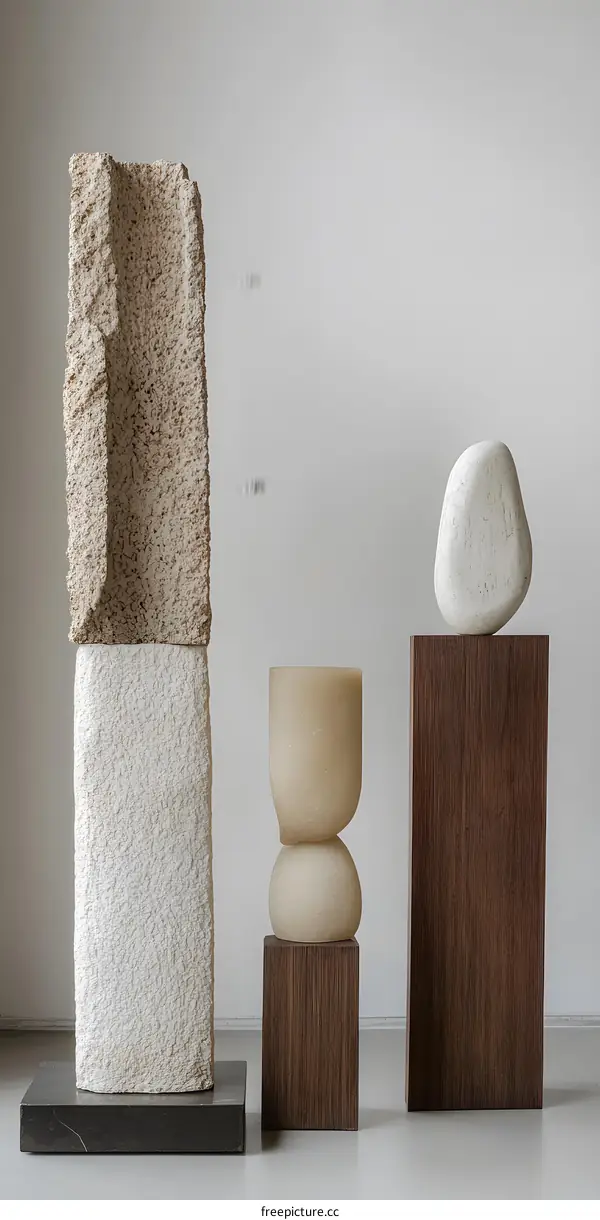 Abstract Stone Sculptures on Wooden Pedestals