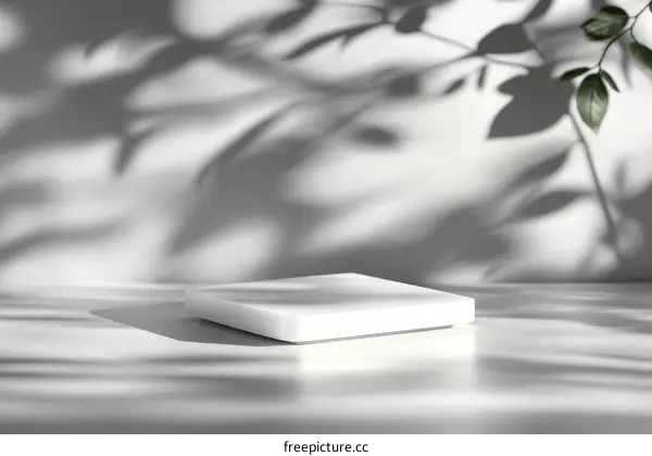 Minimalist White Display Podium with Shadowy Leaves