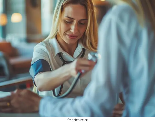 A healthcare worker measures a patient's blood pressure