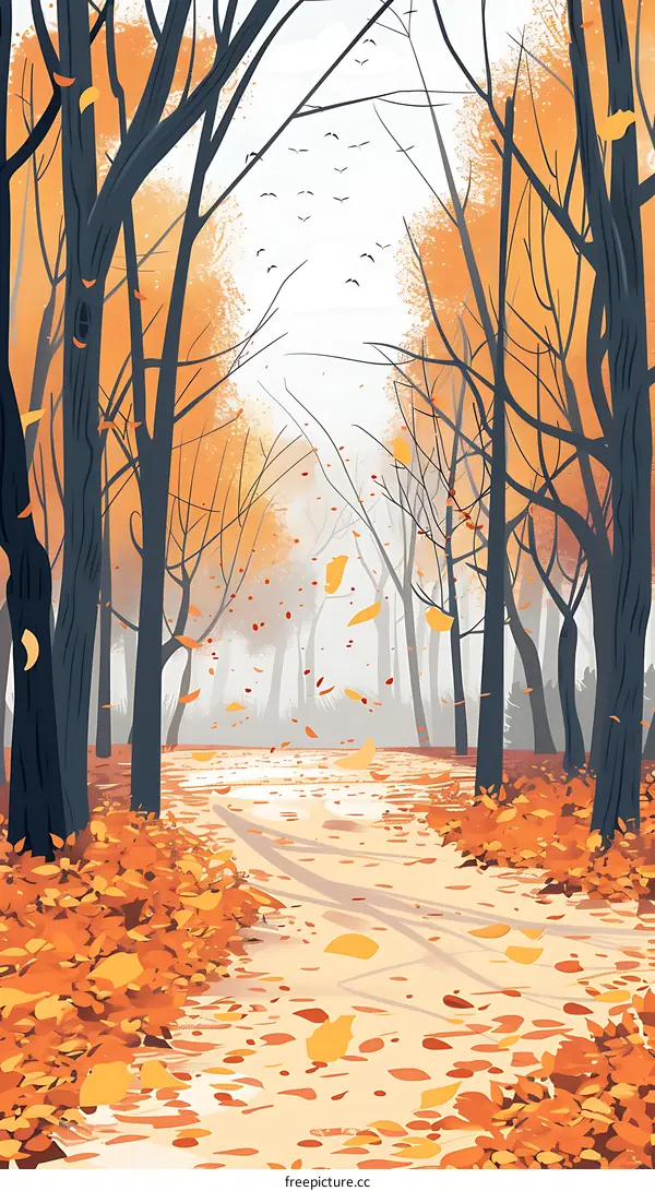 Autumn Forest Path With Falling Leaves