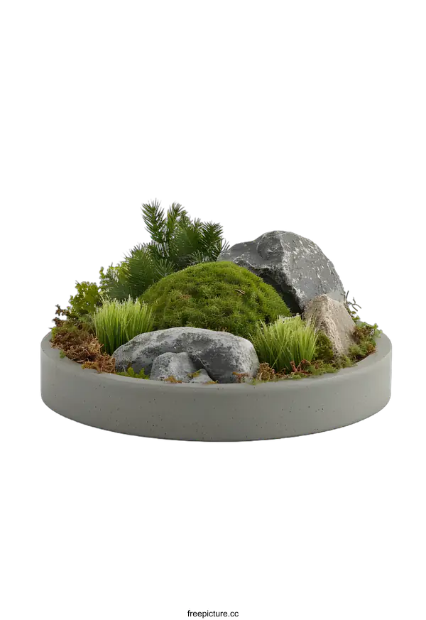 [Transparent Background PNG]Round Concrete Planter With Moss and Rocks