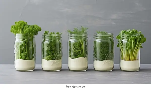 Growing herbs in jars on a windowsill
