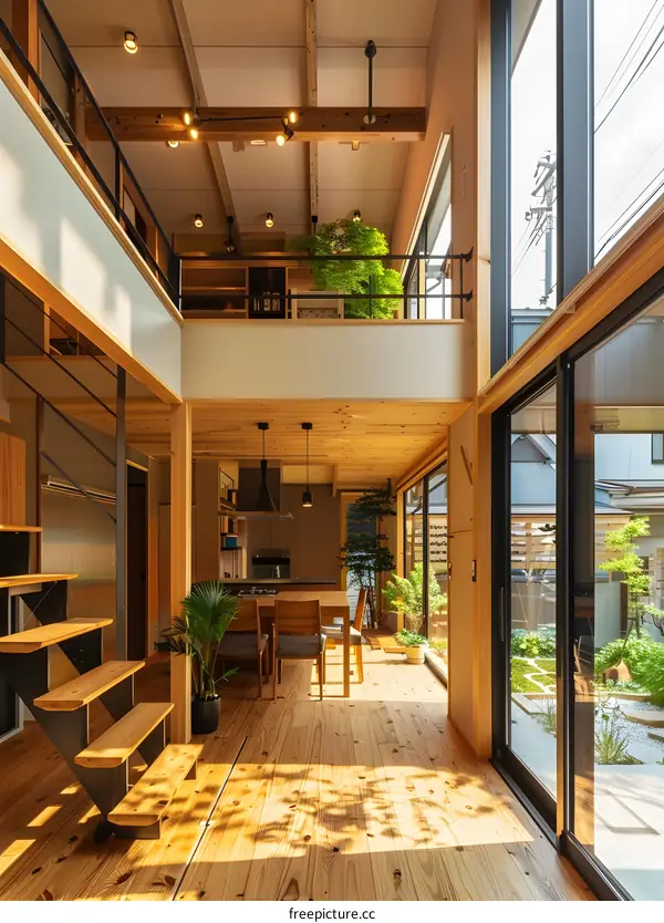 Modern Japanese Home Interior Design with Wooden Floors and Large Windows