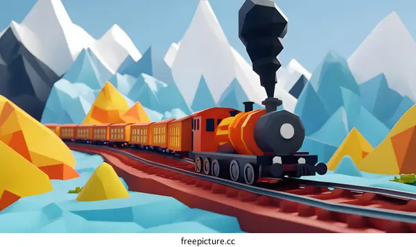 Low Poly Train Traveling Through Mountains
