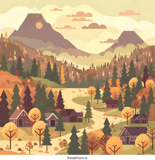 Autumn Forest Landscape with Houses and Winding Road