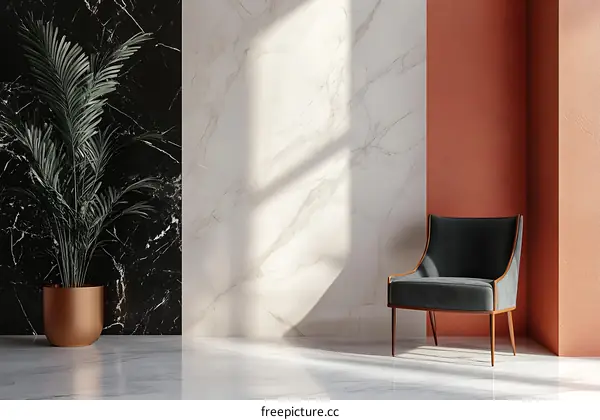 Modern Minimalist Interior Design with Palm Tree and Armchair