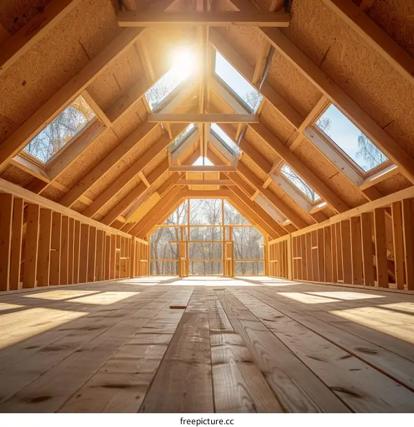 Attic room with wooden roof trusses and skylights
