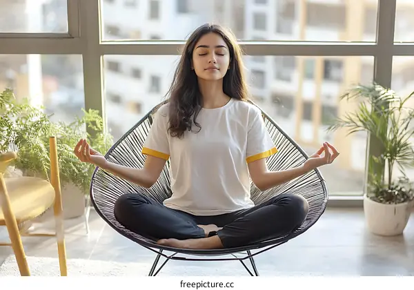 Young Woman Meditating in a Stylish Chair