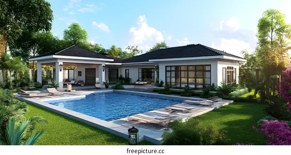Modern House with Swimming Pool and Lush Greenery