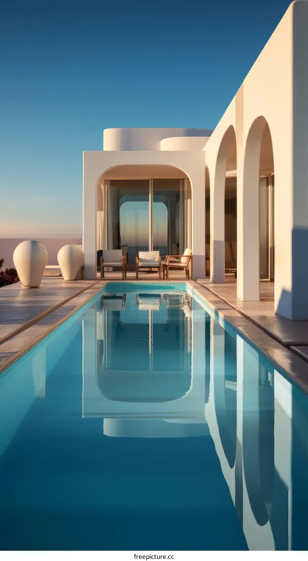 Modernist white villa with pool overlooking the ocean