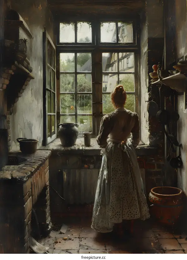 A woman standing in a kitchen looking out the window