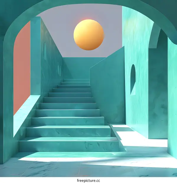 3d rendering of a surreal hallway with stairs and a large sphere