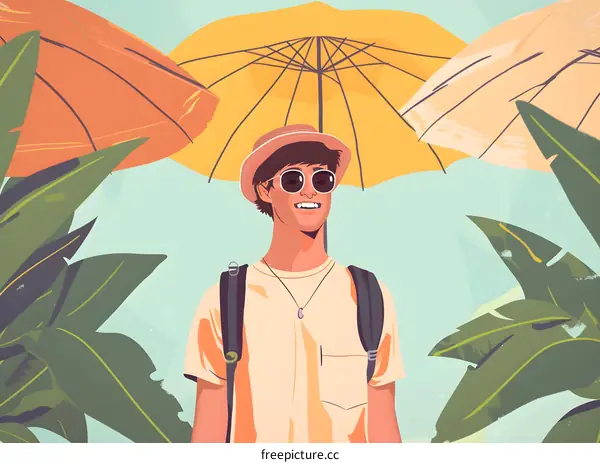 Smiling Man With Sunglasses Under An Umbrella