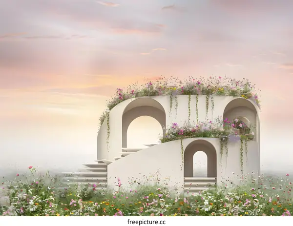 White Building With Flowers And Sky Background