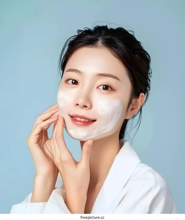 Smiling Asian Woman Applying Face Mask Skincare Routine