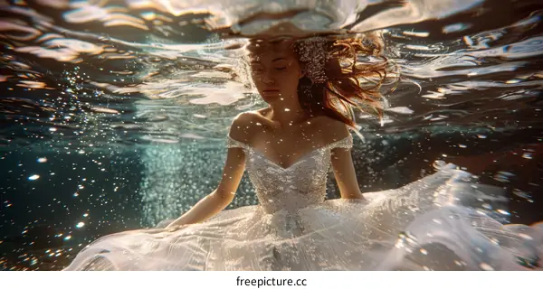 Beautiful Woman in White Dress Underwater