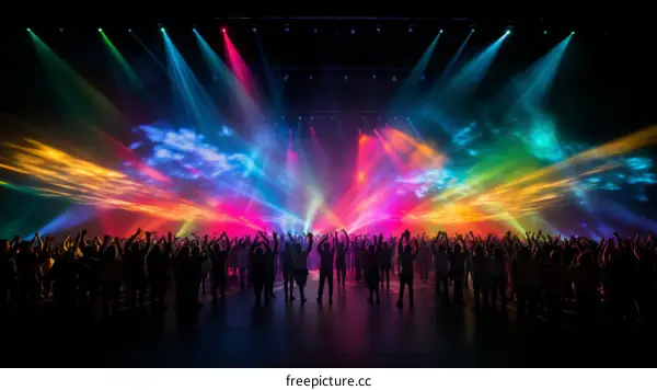 A large group of people raise their hands in a large room with colorful lights shining down on them