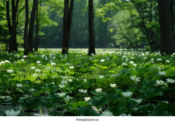 White flowers in a green forest