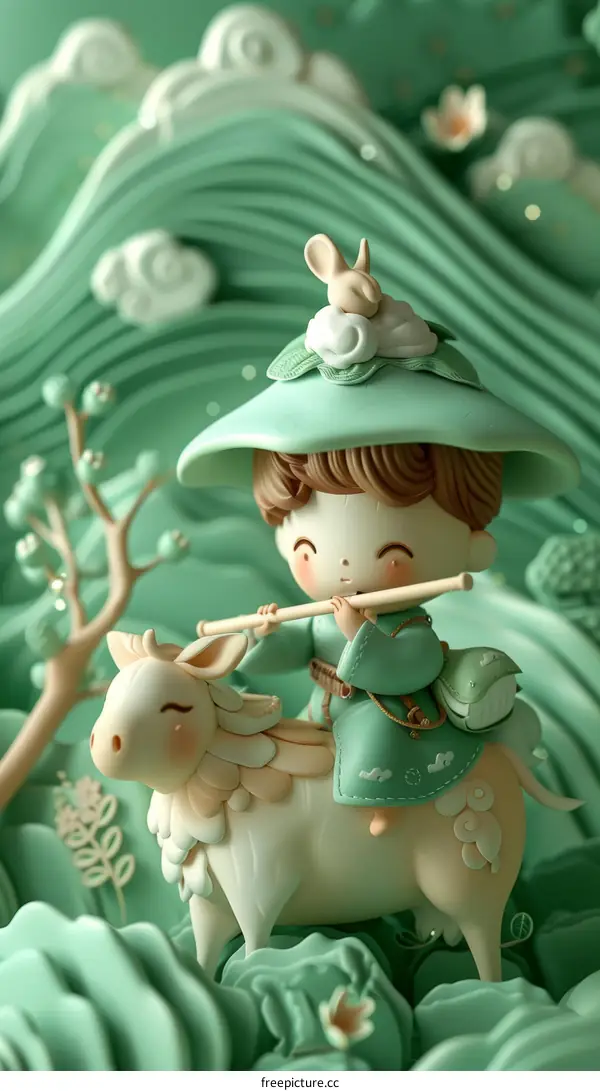 An illustration of a person riding a mythical creature in a green field