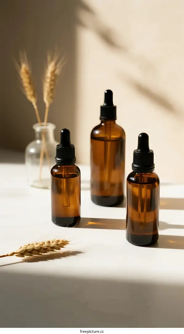 Amber Glass Dropper Bottles with Wheat Ears on White Surface