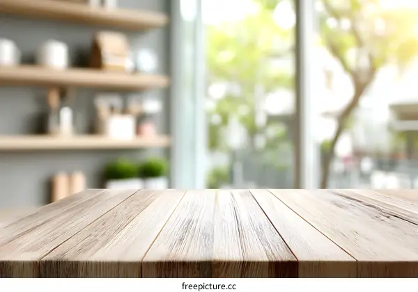 Wooden Table Top with Defocused Kitchen Background