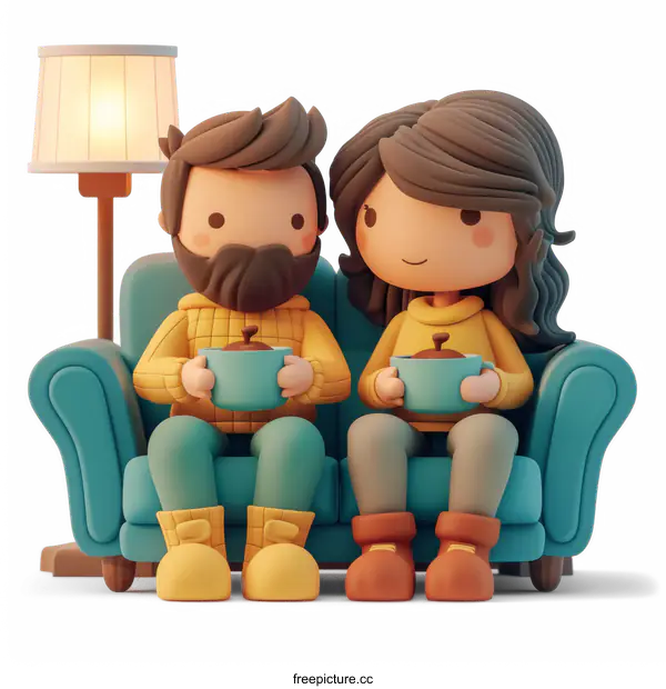 [Transparent Background PNG]Adorable Couple Sharing a Cup of Hot Chocolate on the Sofa